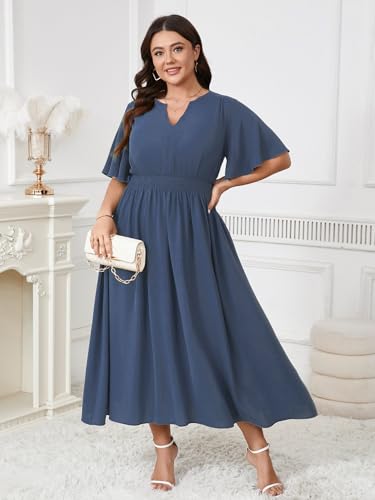 Image of Women's Plus Size Dress for Women Wedding Guest Cocktail Smocked Ruffle Short Sleeve V Neck Flowy Maxi Dresses