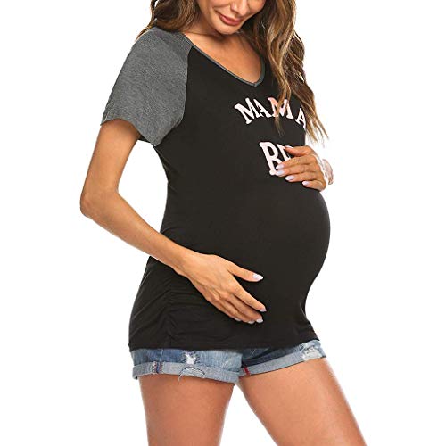 Preisvergleich Produktbild Battnot Damen Umstandsmode Blusen Sommer T-Shirts, Frauen Schwangerschaft Mutterschaft Umstandstops Oberteile Brief Drucken Patchwork Kurzarm V-Ausschnitt Freizeit Mom Kleidung Hemden Tunika S-XXL