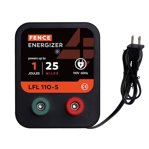 Electric Fence Charger, 1 Joule Ac Powered Output Voltage 10kv, 25 Mile 80 Acres Electric Fence Energizer, for Preventing Wild Animals Intruding Great for Poultry, Pets and Gardens