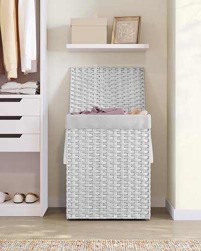 SONGMICS 90L Wäschekorb handgeflochten, mit Deckel und Griffen, Wäschesammler aus synthetischem Rattan, faltbar, Baumwolle Wäschesack in der Maschine waschbar，Waschküche，weiß LCB51WT - 9