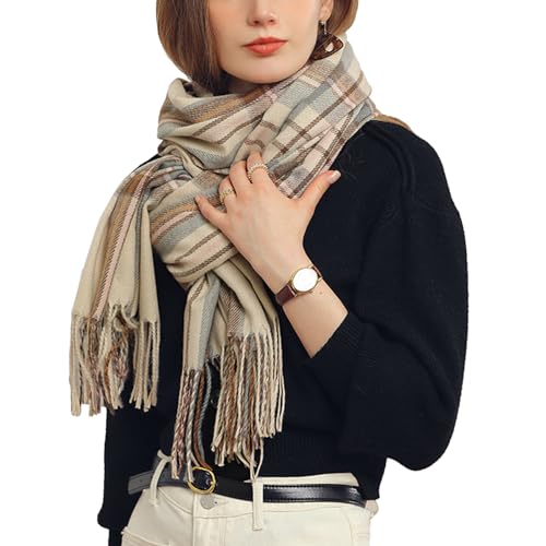 Rayson Bufanda Mujer Invierno Caliente Tartan Chal Longitud Media Engrosado Cachemira de imitación Foulard con Borlas(Beige, talla única)