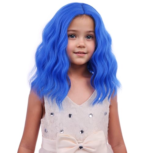 Image of PATTNIUM Dark Blue Wig for Kids Girls Short Blue Wavy Curly Wigs Side Part Bob Wigs Synthetic Halloween Cosplay Costume Hair Wig