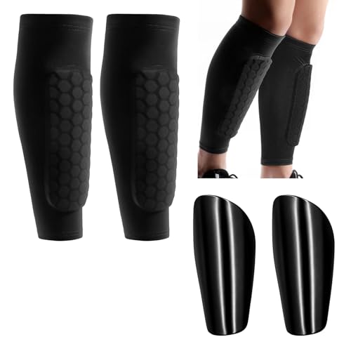 4-Piece Shin Protector for Skiing, Ski Guards Shin Pads, Set with Honeycomb Sleeves, Impact Absorption for Soccer, Football, Multi-Sport Calf Support, Spandex Material