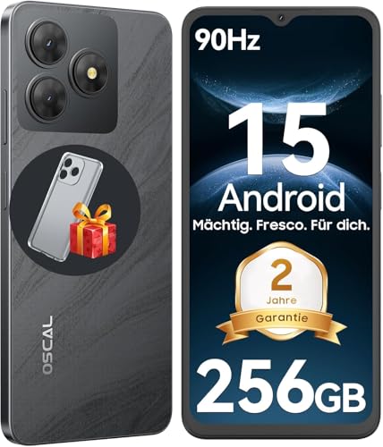 OSCAL Smartphone Ohne Vertrag 2025 Android 15, 12GB+256GB 2TB TF Smartphone, 6.56″ HD+ 90Hz, Octa-Core, 5000mAh, 13MP+8MP AI Kamera Handy Ohne Vertrag Dual SIM 4G OTG/GPS/Face ID/Fingerprint