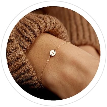 Personalized Initial Bracelet, 18K Gold Plated Stainless Steel Letter Bracelet Dainty Coin Charm Bracelet Delicate Disc Name Bracelet for Women