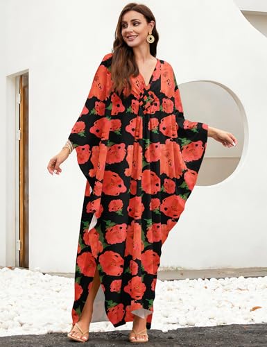 Image of MAKABO Kaftan Dresses for Women, V Neck Moo Moos Colorful Print Cover Ups Caftan Beach Dresses for Swimwear