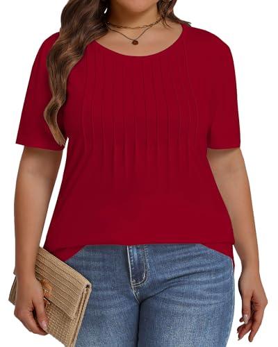 Image of Plus Size Tops for Women Pleated Summer Top Trendy Short Sleeve Shirts Casual Basic Tee Crew Neck Blouses 2026