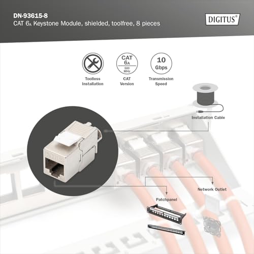 Digitus Modulo Keystone Cat-6A Schermato - 8 Pezzi - Jack RJ45 - 500 Mhz 10Gbase-T - Awg 26-22 - Progettabile - Con Fascetta - Montaggio Senza Attrezzi - 4