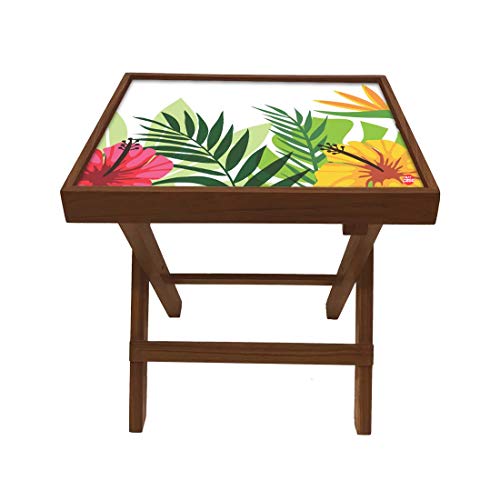 Image of Nutcase Designer Teak Wood Side Table Folding Wooden Bedside Coffee Outdoor Picnic Table - Tropical Florals