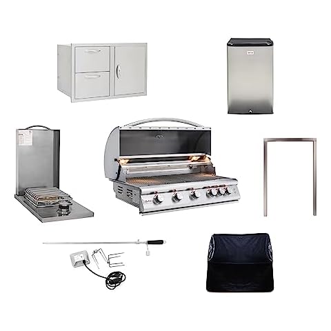 BLAZE BBQ Outdoor Package of 40” LTE Built-in Gas Grill, Dop-In Single Side Burner, 32” Door & Two Drawers Combo, Compact Refrigerator and Accessories (Grill Cover, Fridge Trim and Rotisserie Kit) Cover