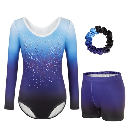 JoyBound Girls Gymnastics Leotards LongSleeves Set -Three-Piece for Long Sleeves Leotard Shorts & Hairband Gradient Color Ballet Unitard Outfit for Ages 5-12 Dancers (BLUE-1 Tag 8A(7-8 Years))