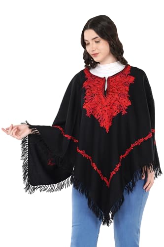 Image of Premium Women's Kashmiri hand embroidery floral woollen poncho Indian cape wrap shrug Free size