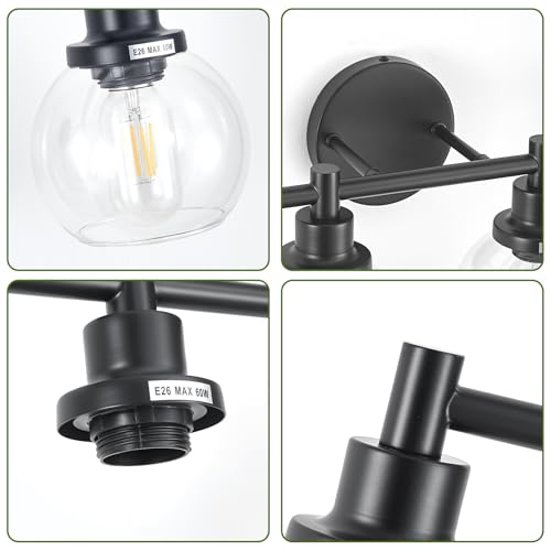 Image of 4-Light Bathroom Light Fixture Black Vanity Lights Over Mirror Modern Wall Sconce Farmhouse Vintage Bathroom Vanity Lighting with Glass Shade for Bedroom Hallway Cabinet Bathroom