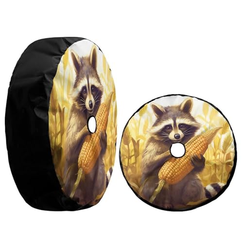 Image of Delerain Spare Tire Cover with Backup Camera Hole Cute Raccoon with Corn Wheel Covers Waterproof Dust-Proof UV Sun Universal Fit for RV Trailer RV SUV Truck (17 Inch for Diameter 31 inch-33 inch)