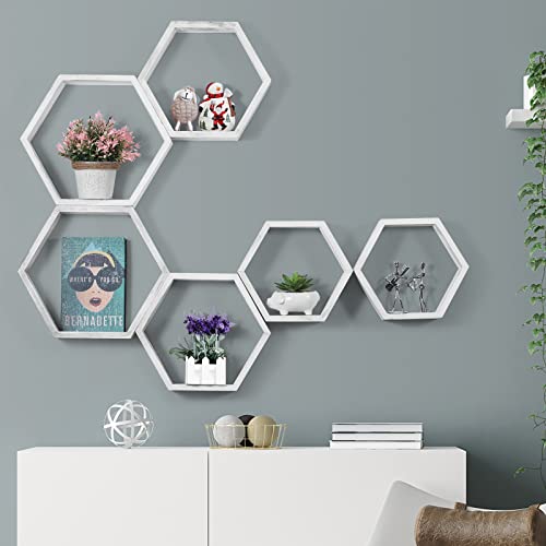 Sehertiwy Hexagonal Floating Shelves Wall Mounted Set Of 6 Wood Farmhouse Storage Honeycomb Wall Shelf For Bathroom, Kitchen, Bedroom, Living Room, Office,Driftwood Finish (Rustic White) #TOP6