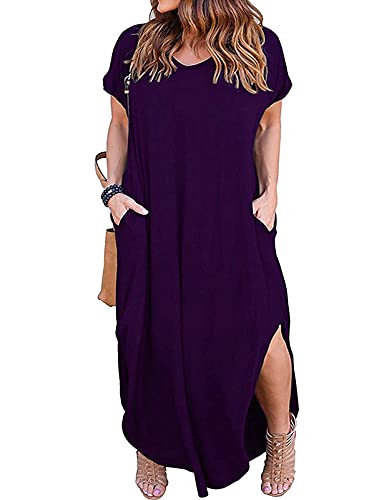 Image of Kancystore Women's Plus Size Dresses Summer Casual Loose Pocket Short Sleeve Slits Long Maxi Dress XL-5X