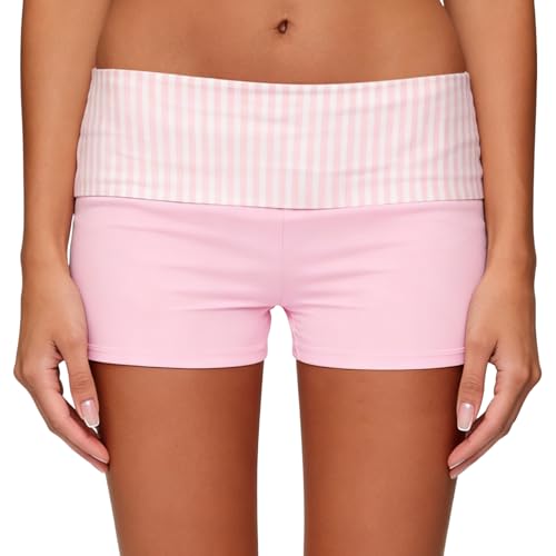 Image of KMBANGI Womens Fold Over Shorts Elastic Waist Y2k Lounge Shorts Foldover Cute Pajama Micro Bottoms Mini Shorts Sleepwear
