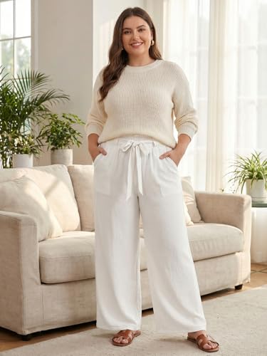 Image of OLRIK Women's Plus Size Pants Adjustable High Waisted Wide Leg Palazzo Pants Casual Trousers with Pockets Spring Clothes