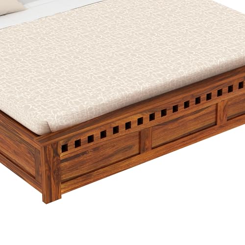 Image of Ganpati Arts Armania Solid Sheesham Wood Queen Size Bed with Box Storage Without Headboard Wooden Double Bed Cot Palang Furniture for Bedroom Living Room Home (Natural Finish)