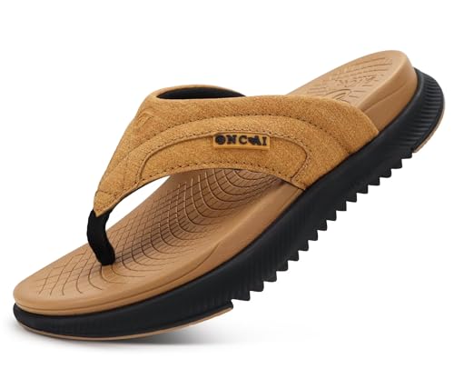 ONCAI Mens Leather Flip Flops Size 9 with Arch Support Summer Beach Pool Khaki Walking Orthopedic...