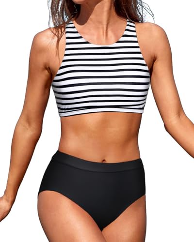 Tempt Me Women High Waisted Bikini Two Piece Swimsuits High Neck Crop Top Racerback Sporty Bathing Suits for Teen Girls