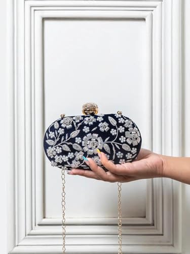 Image of THE TAN CLAN Hand Embroidered Luxury Clutch Purse for Women | Evening Hand Clutch Bag | Ladies Party Wedding Purse with Chain Strap | Ethnic Woman Handbag Gift for Birthday, Anniversary