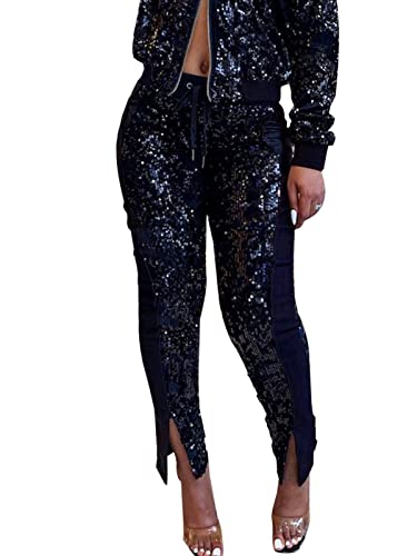 ALLUMK Women Casual Shiny Sequin Joggers High Waisted Drawstring Pants Patchwork Clubwear Black S