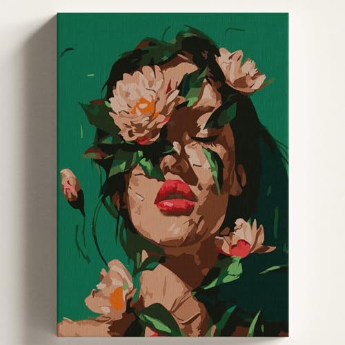 Hobi Seti — Sayılarla Boyama Tuval Yeşil Çiçek Kadın Temalı Fırça ve Boya Dahil Set (Çıtalı) 50x70 CM Kendin Yap Sayılarla Tuval Boya Kiti (Kasnaklı)