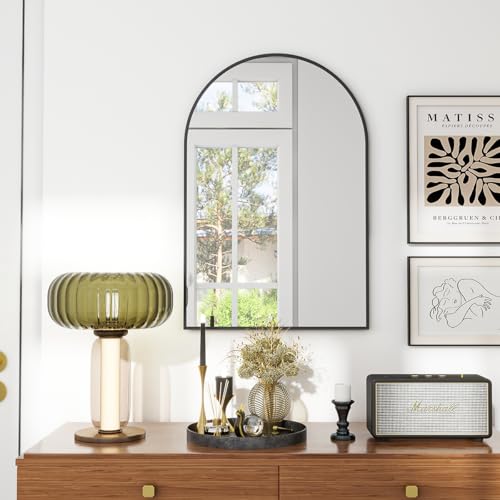 Image of VooBang Arched Wall Mirror, 20 x 30 inch Arch Bathroom Mirror, Wall Mounted Vanity Mirror with Arch Metal Frame, Modern Bathroom Vanity Mirror for Bedroom, Living Room, Hanging or Leaning, Black