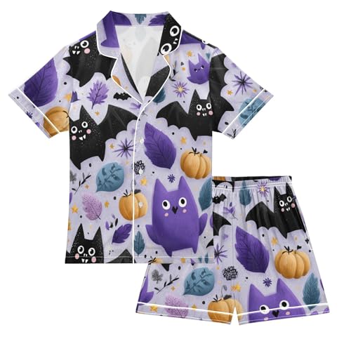 Satin Pajama Sets Short Sleeve Halloween Themed Bat Pattern Design Button Down Silky Nightwear 2 Piece PJS 5-14Y