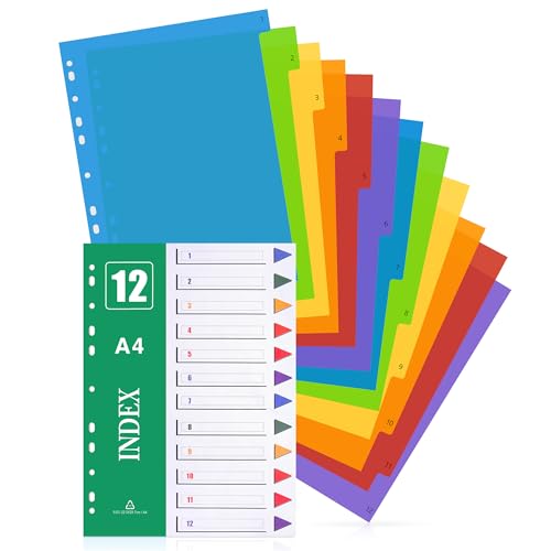 A4 File Dividers 5 Pack 12 Part Subject Dividers Multi Hole Punched in Assorted Colour Plastic Card Folder Ring Binder Dividers for Home School Office Use