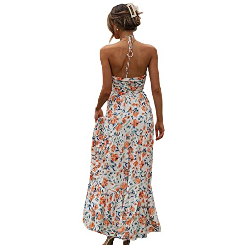 Image of Owl's-Yard Women Ruffle Spaghetti Strap Dress Sexy Backless Tiered Flowy Sundresses Boho Beach Long Dress Clubwear (M-02, XL)