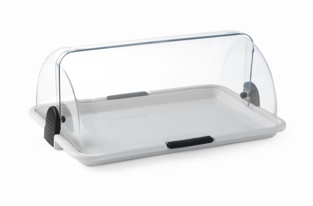 HENDI Vitrine de présentation à couvercle coulissant roll-top, Simple | Base en PP, couvercle transparent en PS, ouverture des deux côtés, compatible lave-vaisselle, 465x315x(H)195mm