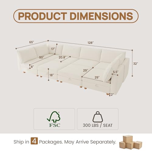 Image of 128 inch Modular Sectional Sleeper Sofa Bed with Storage & Washable Covers, 8-Seater Chenille Modular Sofa Bed with Movable Ottoman Chaise, Convertible Sleeper Sectional Couches for Living Room, Beige