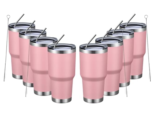 Image of MEWAY 30oz Insulated Tumbler With Lids and Straws,Stainless Steel Double Vacuum Coffee Tumbler Cup, Brush, Durable Powder Coated Coffee Cup for Cold & Hot Drinks, Office, Travel(Pink,8 PACK)