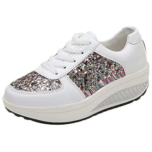 ANUFER Mujer Súper Ligero Plataforma Zapatillas con Cordones Cuña Zapatos Deportivos Blanco SN070680 EU38