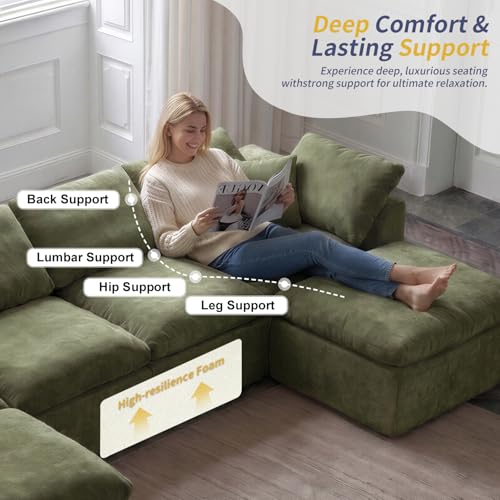 Image of Cloud Couch Sectional for Living Room, Modular U Shaped Boneless Sofa with Chaise, Compressed No Assembly Couch, Deep Seat Chenille Upholstered Convertible Sofa Bed(Forest Green)