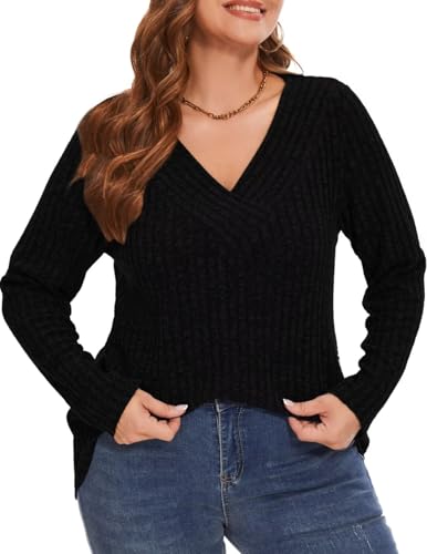 MONNURO Plus Size Women's Long Sleeve Sweater Tops V-Neck Loose Fit Dressy Fall Tunic Sweater2