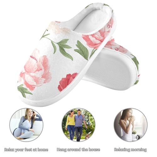 JUNZAN Cute Peonies White Womens Cotton House Slippers Non Skid Memory Foam Ladies Slippers for Indoor Funny Presents 6-73