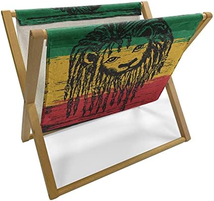 Ambesonne Lion Magazine and Book Holder, Portrait on Jamaican Flag with Rasta Mane Savannah Animal, Floor Rack Accent Living Room Office and School, 22″ x 19″, Green Earth Yellow