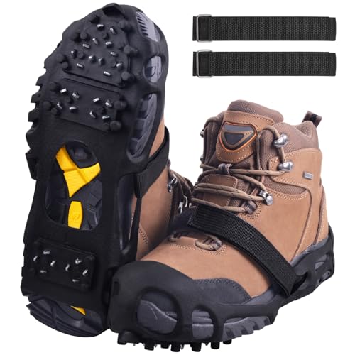 Ice Cleats Snow Traction Cleats Crampons for Shoes and Boots Men Women Anti Slip Ice Shoes Gripper Overshoe Slip-on Stretch Footwear (28 Steel with Straps, Large(7.5-10 men/9-11 Women))