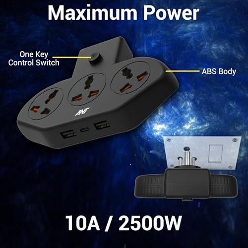 Image of Ant Stinger 321 Extension Board with Surge Protector |3 AC Sockets + 2 USB (2.1A) + 1Fast Type-C |2500W 10A Power Strip |One-Key Switch |Overload & Child Safety Protection |Multi Plug Power Strip