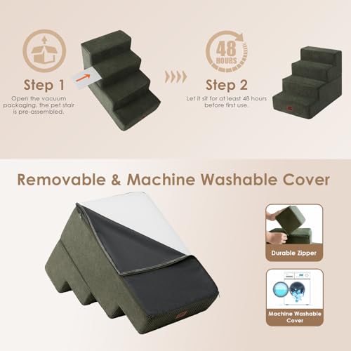 Image of EHEYCIGA Dog Stairs for Bed 18 inch H, 4-Step Dog Steps for High Bed, Pet Steps for Small Dogs and Cats, Non-Slip Balanced Pet Ramp Indoor, Military Green