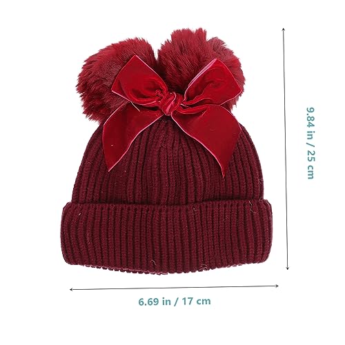 FRCOLOR 1Pc Delicate Bow Knitting Hat with Double Balls Cap for Boys and Soft Skin Friendly Material Adorable Design for Cold Days Dark Red2