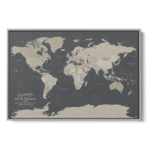 Image of Earth Tone World Map with Pins - Extra Large Personalized Canvas Push Pin Map - Framed World Travel Wall Decor - Silver Float Frame - 34 inch x 51 inch
