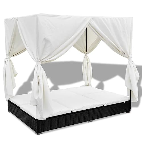 vidaXL Tumbona con Cortinas de ratán sintético Negro