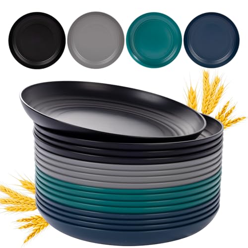 Supernal 10" Wheat Straw Dinner Plates,Reusable&Durable Plastic Plates Dishwasher Safe,16-Pack (4 Black, 4 Dark Green, 4 Dark Blue, 4 Dark Gray), Versatile Tableware for Modern Dining and Outdoor Use