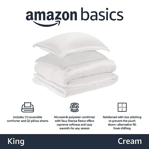 Image of Amazon Basics 3-Piece Down Alternative Bedding Set, Micromink Sherpa Comforter, Ultra-Soft, Machine Washable, Reversible Fleece, King, Cream