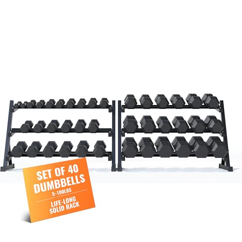 Image of Rubber Hex Dumbbell Set with Rack, 8 /10 /12 /15 /20 Pair (450 /550 /780 /1200 /1550 /2100 lbs total) Weight Rack with Dumbbells for Home Gym & Strength Training