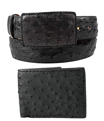 Package Exotic Genuine Ostrich Leather Belt and Wallet Color Black